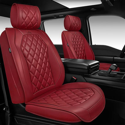 CAR PASS Luxury Nappa Leather Seat Covers Full Set, 3D Rhombus Waterproof Faux Leather Seat Covers, Premium Automotive Seat Cushion Universal Fit for Sedan SUV Truck Van,Airbag Compatible Burgundy Red