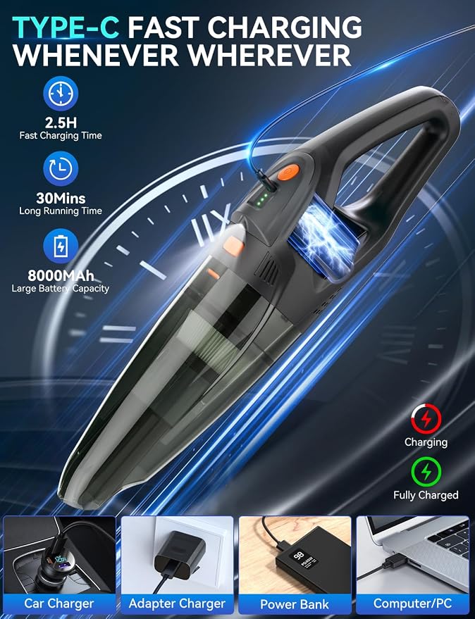 Handheld Vacuum Cordless - 25000PA Strong Suction Hand Held Car Vacuum Cleaner Portable with Multi-Nozzles - Lightweight Dust Busters Rechargeable for Home Car Office Pets 2 Levels
