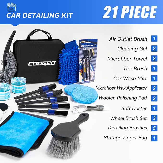 COOGEO 21Pcs Car Detailing Kit,Compelete Car Cleaning Kits Interior Cleaner with Detailing Brushes,Car Wash Kit with Cleaning Gel,Wash Mitt, Car Care Gift for Men
