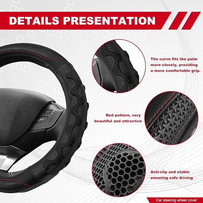 D Shaped 14.5-15 Inch Steering Wheel Cover, 3D Honeycomb Anti-Slip Design with Great Grip, Flat Bottom Comfy Car Steering Wheel Protector (Black)