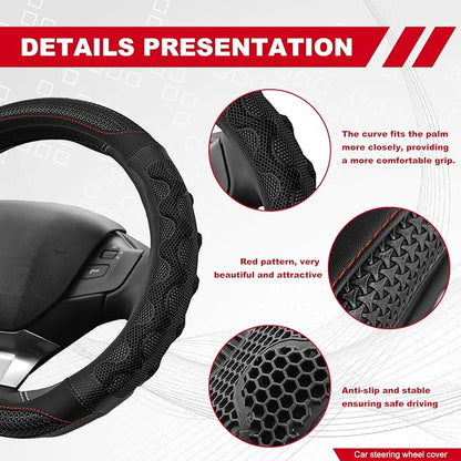 D Shaped 14.5-15 Inch Steering Wheel Cover, 3D Honeycomb Anti-Slip Design with Great Grip, Flat Bottom Comfy Car Steering Wheel Protector (Black)
