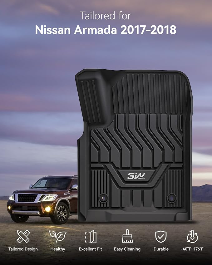 3W Floor Mats Fit for Nissan Armada 2017 2018 / Infiniti QX80 2014-2018 / Infiniti QX56 2011-2013, All Weather TPE Custom Fit Car Accessories 1st and 2nd Row Full Set Car Mats, Black