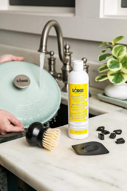 Lodge Enameled Cast Iron & Ceramic Stoneware Cleaner Care Kit - Set Includes 11oz Cleaner, Black Pan Scraper, Scrub Brush, Package of Pot Protectors, and Use & Care Booklet - 5 Piece Set