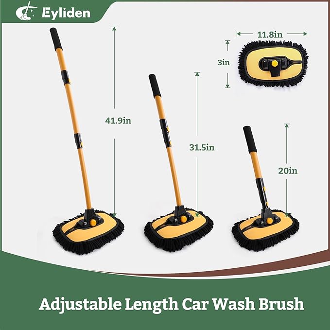 Eyliden Car Wash Brush Mop with Long Handle, Yellow & Black | 90° Swivel Head with 45° Angle Lock, 2 Scratch-Free Microfiber Heads, Car Detailing Kit, for Car Truck RV