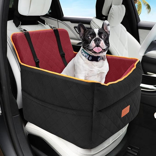 HEGGCOOE Dog Car Seat for Small Medium Dogs, Memory Foam Puppy Dog Booster Seat with Thick Cushion for Dogs Under 35lbs, Detachable Washable Pet Car Seat Travel Bed with Storage Pockets,2 Safety Belts