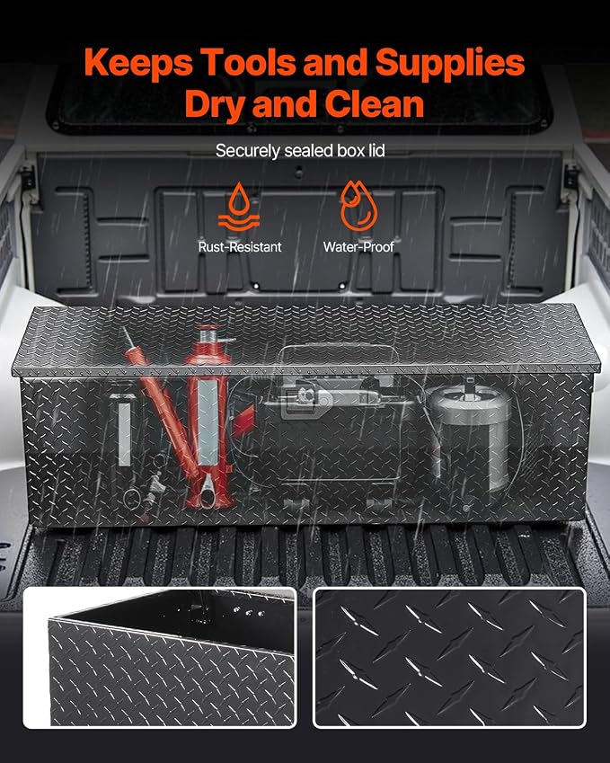 VEVOR Heavy Duty Aluminum Truck Bed Tool Box, Diamond Plate Tool Box with Side Handle and Lock Keys, Storage Toolbox Chest Organizer for Trailer, Pickup, Truck Bed, RV, 49"x15"x15", Black