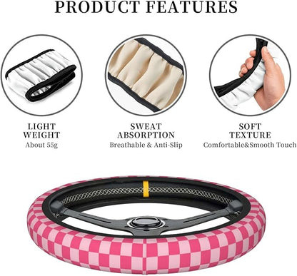 Hot Pink Checkered Steering Wheel Cover for Women, Universal Auto Steering Wheel 14-15 Inch Car Interior Accessories with 2PCS Car Coasters, Suitable for Men and Women