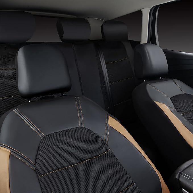 CAR PASS Leather seat Covers,Automotive Universal Sport car seat Cover Super 5mm Composite Sponge Inside,Airbag Compatible fits Most Cars, SUVs, Trucks, and Vans (Full Set,Black and Beige)