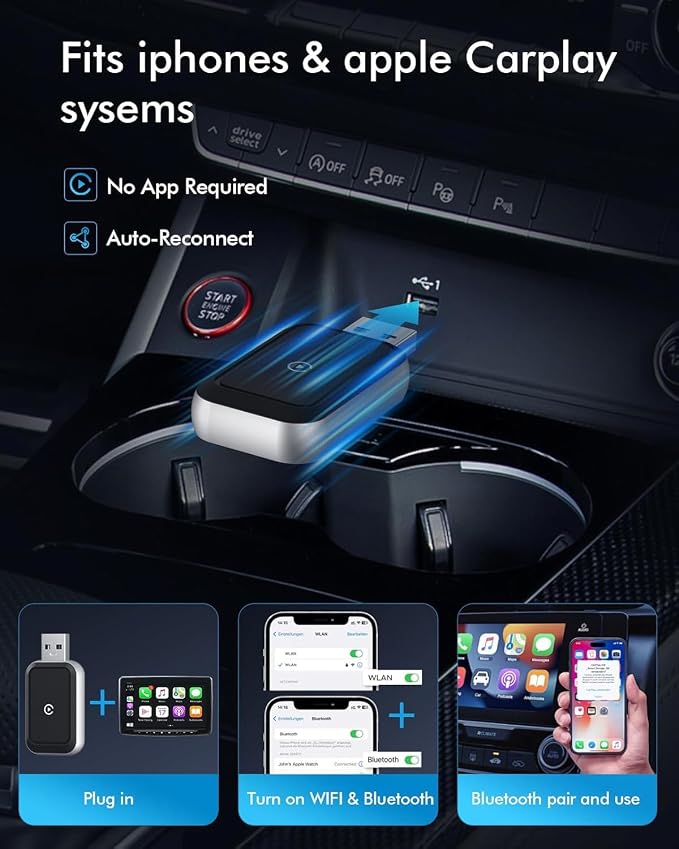 Wireless CarPlay Adapter for iPhone, Convert Wired to Wireless, Plug & Play, Mini USB Adapter, Auto-Connect Fast, Compatible with iPhone 6+ (iOS 10+) & 2016+ Cars