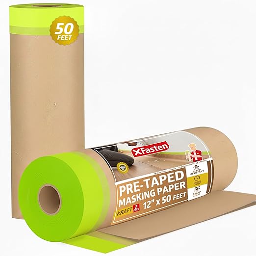 XFasten Pre Taped Masking Paper for Painting 12 Inches x 50 Feet (2-Pack) Thick Painters Paper with Tape for Cars, Walls, Auto Body — Thick Kraft, Clean Removal Painters Drape with Tape