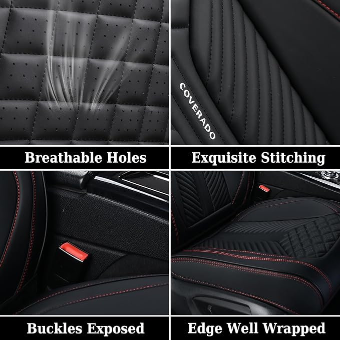 Coverado Car Seat Covers Full Set, 5 Seats Leather Seat Covers for Cars, Waterproof Front and Rear Car Seat Protectors Cushions Universal Fit Most Vehicles (Black)