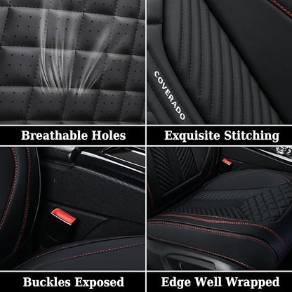 Coverado Car Seat Covers Full Set, 5 Seats Leather Seat Covers for Cars, Waterproof Front and Rear Car Seat Protectors Cushions Universal Fit Most Vehicles (Black)