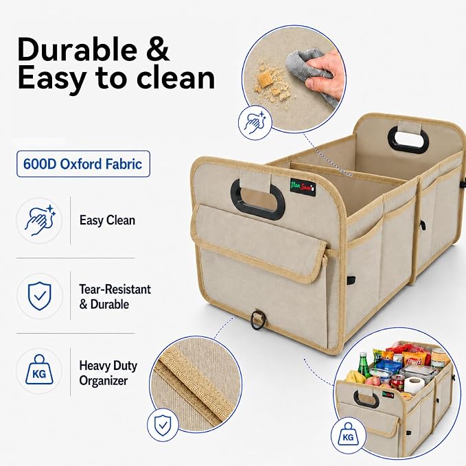 PAT SAM'S Trunk Organizer for SUV, Collapsible Car Trunk Organizer with Dividers, Waterproof 600D Oxford, Non-Slip Storage Organizer for Groceries, Tools, Travel, Truck & Car (Beige)