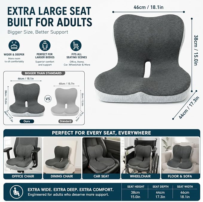 Cupocupa Memory Foam Seat Cushion, Ergonomic Orthopedic Pad with Adjustable Strap for Car Truck Office Chair, Lumbar Back Support & Sciatica Relief for Long Drives