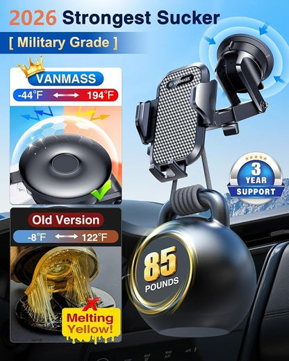 [True Military-Grade] Car Phone Holder VANMASS [Upgraded Strongest Suction&Clip] Cell Phone Mount for Dashboard Windshield Vent Kit, Truck Cradle Stand for iPhone 17 Pro Max 16 15 14 Android,Ink Black