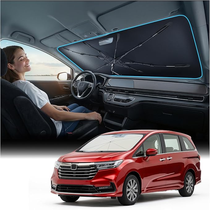 Nmoiss Windshield Sun Shade Umbrella [Vinyl Coating Heat Shield] Compatible with Honda Odyssey, Protect Car Interior from Sun Rays & Heat Damage Keep Cool, Odyssey Accessories