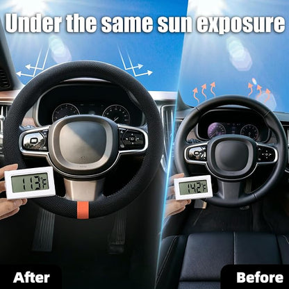 15" Universal Cooling Steering Wheel Cover, Microfiber Non-Slip Breathable Cooling Steering Wheel Protector with Silicone Inner Ring for Round/D Shape, Warm in Winter Cool in Summer, Black Orange