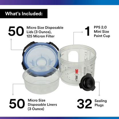 3M PPS 2.0 Spray Gun Cup, Lids and Liners Kit, 26328, Micro, 3 Ounces, 125-Micron Filter, Use for Cars, Furniture, House and More, 1 Mini Paint Cup, 50 Micro Liners, 50 Lids, 32 Sealing Plugs