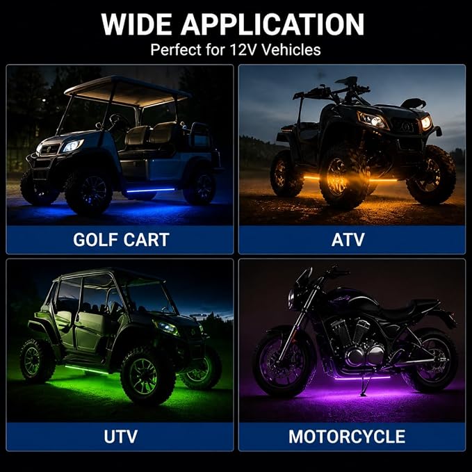 12V RGB Led Strip Light with Remote, 4 Pcs 20" Super Bright Car Lights Strip IP67 Waterproof Golf Cart Underglow Lights for Motorcycles Interior Exterior Boat, Built-in Controller, Multi-Color