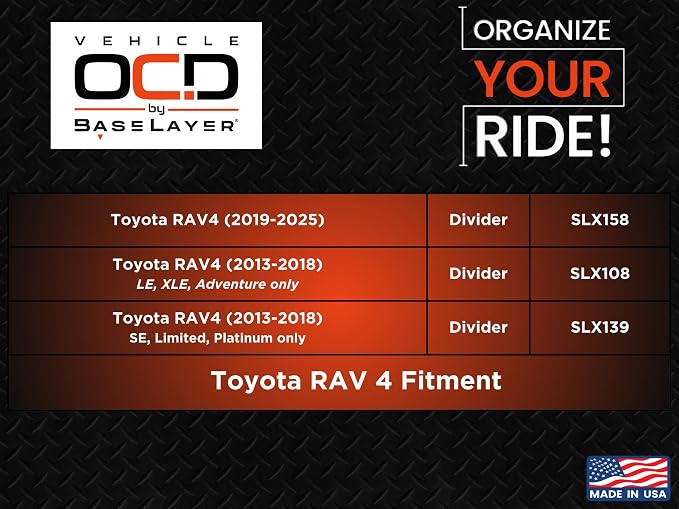 Vehicle OCD - Center Console Organizer for Toyota RAV4 (LE, XLE, Adventure ONLY) (2013-2018) - Made in USA - SLX108