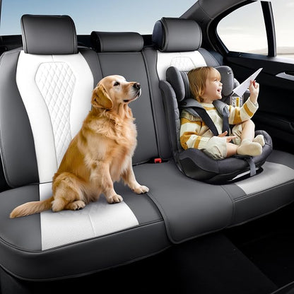 Coverado Rear Seat Covers, White Car Seat Cover, Back Seat Cover, 3-Pieces Luxury Car Seat Cushion, Leather Seat Cover Seat Protector Universal Fit Most Cars