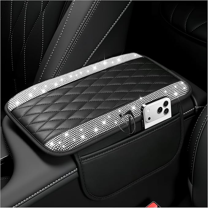Stacool Upgraded Car Center Console Cover with Rhinestones,Microfiber Leather Car Armrest Cover Cushion with 2 Storage Bags,Universal Cars Armrest Storage Box as Cars Interior Accessories