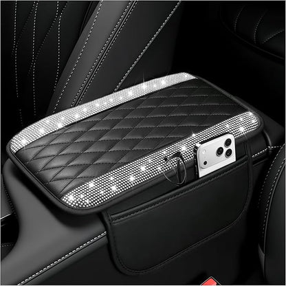 Stacool Upgraded Car Center Console Cover with Rhinestones,Microfiber Leather Car Armrest Cover Cushion with 2 Storage Bags,Universal Cars Armrest Storage Box as Cars Interior Accessories