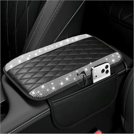 Stacool Upgraded Car Center Console Cover with Rhinestones,Microfiber Leather Car Armrest Cover Cushion with 2 Storage Bags,Universal Cars Armrest Storage Box as Cars Interior Accessories