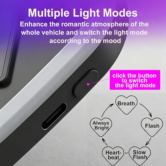Rechargeable Solar-Powered Wireless Double-Heart LED Light for Car Interior Decorations, with 6 Lighting Modes and Vibration Sensor, Romantic Ambient Gift for Couples/Women/Men, Pink, 1 Pcs