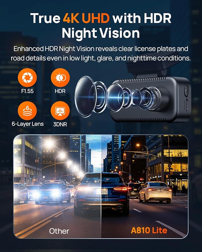 70mai A810 Lite 4K Dash Cam Front and Rear, 5GHz Wi-Fi 6 DashCam, Car Camera 4G LTE Remote Access, GPS Tracking, HDR Night Vision, 24H Parking Mode, Voice Control, Emergency Lock, Loop Recording