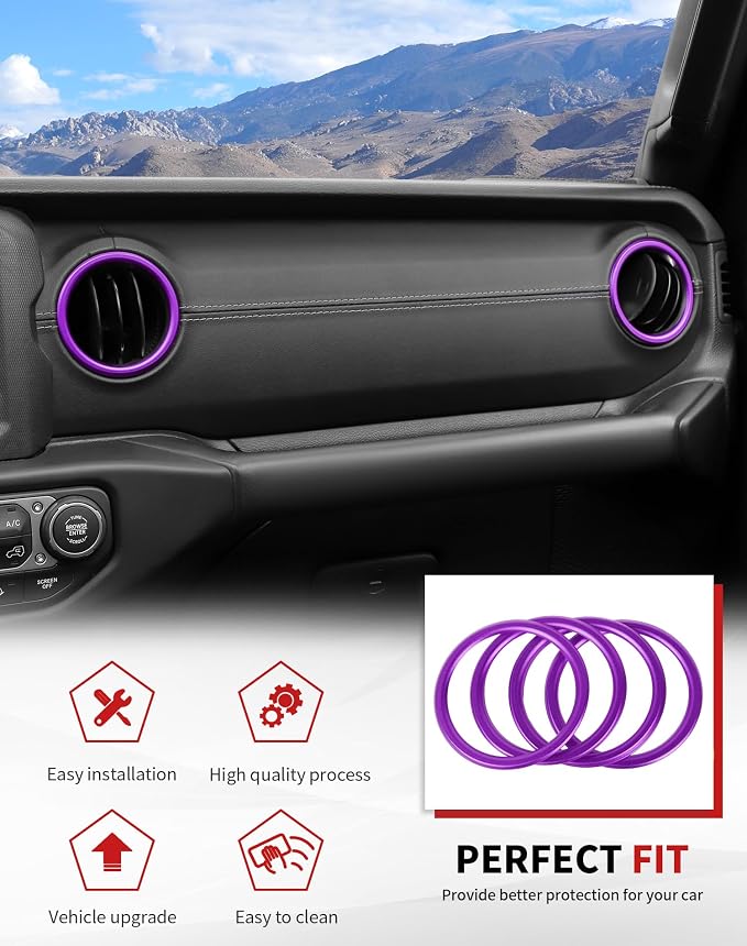 JWWY JL AC Air Vent Trim Rings & Dashboard Headlight Switch Decor Switch Knob Cover Kit Fit for 2018-2023 Jeep Wrangler JL JLU Interior Accessories, Aluminum Alloy 8PCS Purple