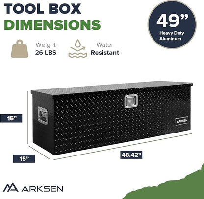 ARKSEN 49 x 15 x 15 Inch Diamond Plate Truck Bed Tool Box, Heavy Duty Waterproof Aluminum Toolboxes Storage Chest with Side Handle & Lock for Pickup Truck Bed, RV & Trailer – Black