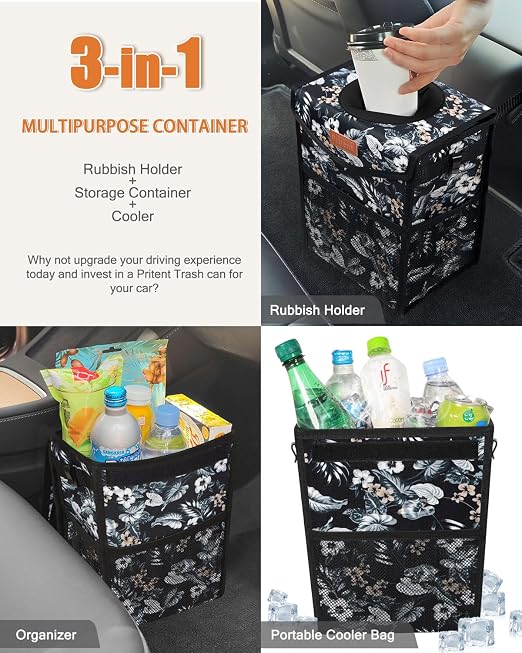 Pritent Car Trash Can with Lid, Cute Leakproof Car Trash Garbage Bag Hanging Vehicle Trash Bin Small Portable Automotive Garbage Cans Organizer for Back/Front Seat(Trapezoid,Black with Lily Print)