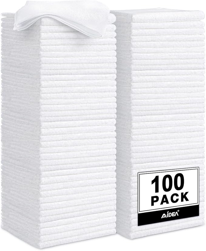 AIDEA Microfiber Cleaning Cloth White 100PK, Microfiber Towels for Cars, Absorbent Cleaning Rags, Lint-Free Streak-Free Wash Cloths for House, Kitchen, Cleaning Supplies 11.5"×11.5"