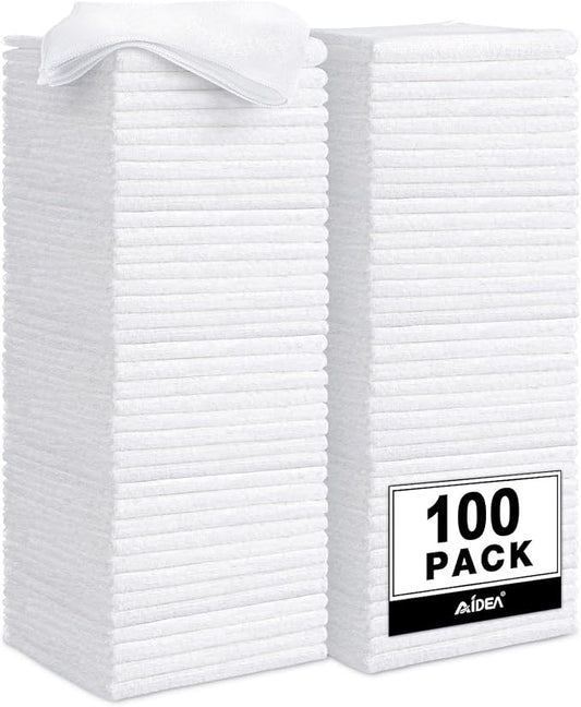 AIDEA Microfiber Cleaning Cloth White 100PK, Microfiber Towels for Cars, Absorbent Cleaning Rags, Lint-Free Streak-Free Wash Cloths for House, Kitchen, Cleaning Supplies 11.5"×11.5"