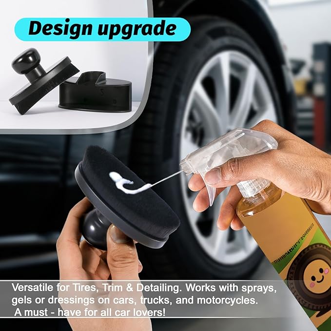 Yoseng Tire Shine Brush - Curved Brush Head & Large 3.8'' Tire Dressing Applicator with Storage Stand for Automotive Detailing, Car Enthusiasts, DIY Users (Vegan, Washable, Black)
