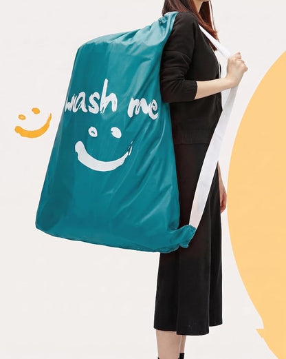 HOMEST 2 Pack XL Wash Me Travel Laundry Bag with Strap, Dirty Garments Organizer, Large Enough to Hold 4 Loads of Clothes, Easy Fit a Hamper or Clothing Basket, Sky Blue and Blue