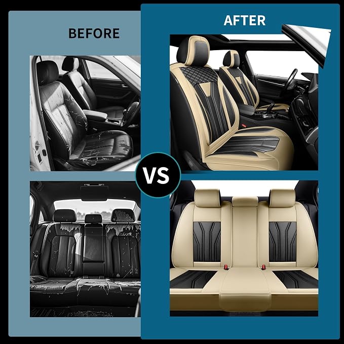 Fit Compass Car Seat Covers for Jeep Compass 2007-2025 2026 -Full Set Premium Leather, Waterproof & Breathable，All-Weather Seat Cushion Protecto & Airbag Compatible, 5 Seats Beige & Black