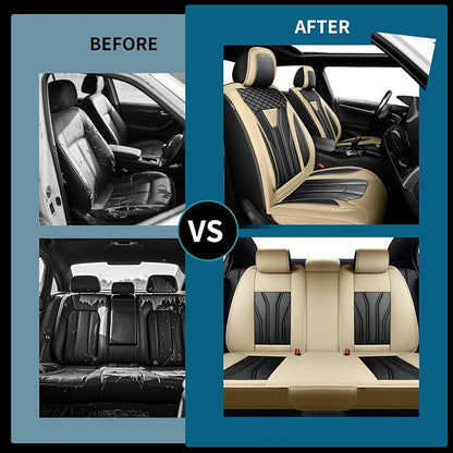 Fit Compass Car Seat Covers for Jeep Compass 2007-2025 2026 -Full Set Premium Leather, Waterproof & Breathable，All-Weather Seat Cushion Protecto & Airbag Compatible, 5 Seats Beige & Black