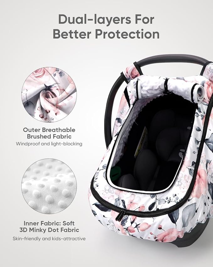 Car Seat Cover Baby Girls, Infant Car Seat Canopy Outdoor, 2 Layers with Mesh and Sun Shade Window for Summer Winter, Easy Access Carseat Covers Snug Fit Baby Stroller - Pink Floral