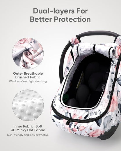 Car Seat Cover Baby Girls, Infant Car Seat Canopy Outdoor, 2 Layers with Mesh and Sun Shade Window for Summer Winter, Easy Access Carseat Covers Snug Fit Baby Stroller - Pink Floral