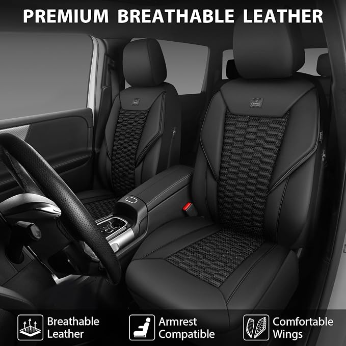 CAR PASS 3D Foam PU Leather Car Seat Covers Front Seats,Black Faux Leather Front Seat Covers for Cars, Universal Fit for SUVs Trucks Vans Sedan Automotive, Armrest Airbag Compatible,Black