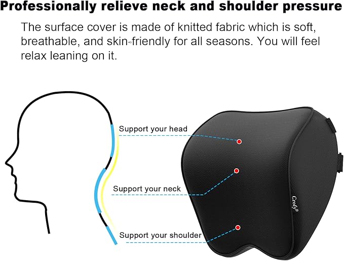 Crofy 2-Pack Car Neck Pillow, Softness Car Headrest Pillow for Driving with Adjustable Strap, 100% Memory Foam and Breathable Removable Cover, Comfortable Ergonomic Design, Black