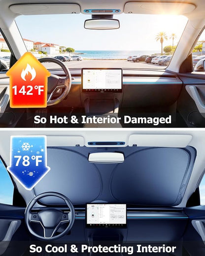 DMJN Front Windshield Sun Shade for Nissan Rogue (2023-2026), [Nano Ice-Crystal Coatings] UPF50+ Heat & UV Block, Protect Car Interior & Keep Cool, Flodable Steel-Ring Car Cover for Summer