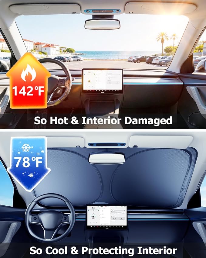DMJN Front Windshield Sun Shade for Su-baru Forester (2019-2026), [Nano Ice-Crystal Coatings] UPF50+ Heat & UV Block, Protect Car Interior & Keep Cool, Flodable Steel-Ring Car Cover for Summer