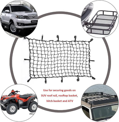 CZC AUTO 22"x38" Black Latex Bungee Cargo Net Strech to 44"x76", Luggage Netting with 2"X2" Small Mesh and 12 Adjustable Plastic Hooks for Rooftop Cargo Carrier Roof Rail Rack Hitch Basket SUV, 2 Pack