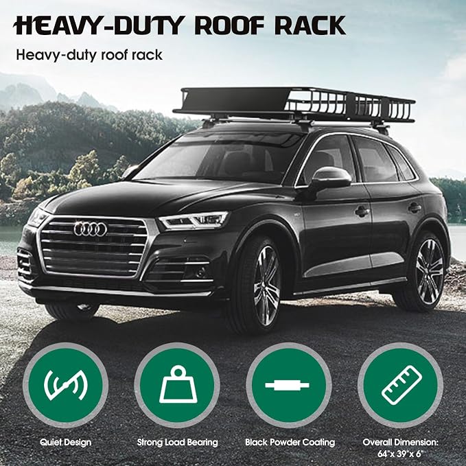 FORWODE 250LBS Universal Roof Rack Basket, 64"x39"x6" Rooftop Cargo Carrier Rack + Waterproof Cargo Bag 15 Cubic Feet(43"x34"x17") and Cargo Net