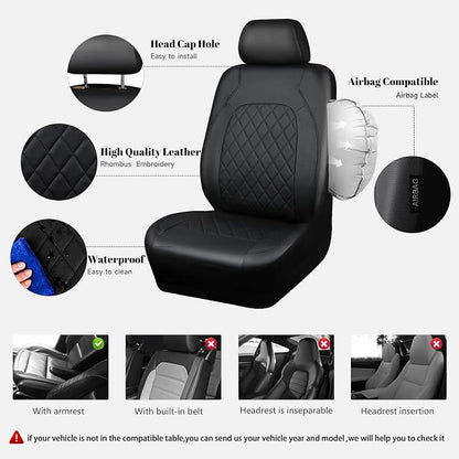 Universal Pu Leather Car Seat Covers Front Seats only, Airbag Compatible, Water-Resistant Durable Premium Vinyl, Fit for 95% Vehicles,Cars,Vans,SUV,Sedans (Luxury 2 PCS All Black)