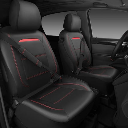 CAR PASS Leather Car Seat Cover Full Set with Steering Wheel Cover and 2PCS Seat Belt Shoulder Pads,for Trucks and SUV with Built-in Seatbelts and Front Seat Side Armrests(Combo Set, Black and Red)