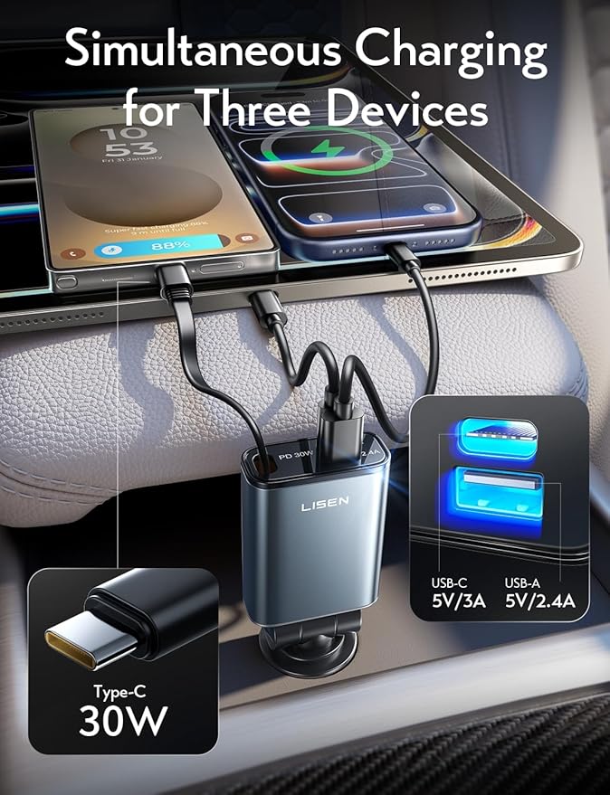 LISEN Car Charger USB C Fast Charge, [Single-Port] Retractable Car Charger USB C, RV Power Adapters for Women Men Phone Type C Charging for iPhone 17 Pro Max 16 15 Samsung S26 S25, MacBook Neo